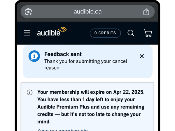 Screenshot of Audible's confirmation that my membership will end on April 22