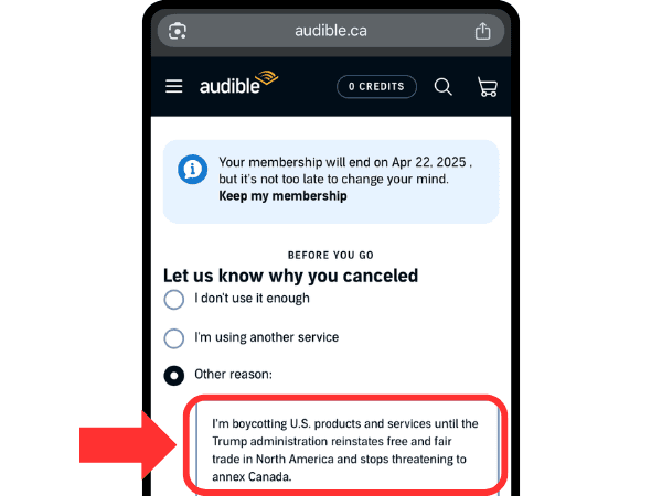 Screenshot of my cancellation reason stating I'm boycotting US products until fair trade is reinstated