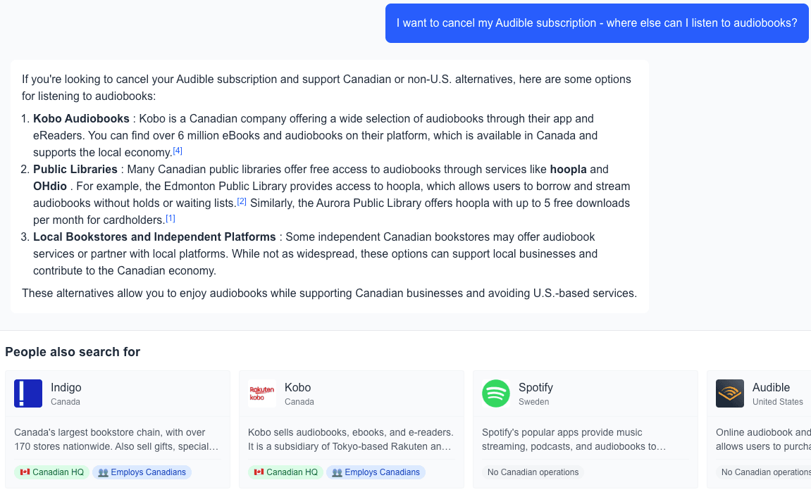 USAboycott.ca search results showing Canadian alternatives to Audible including Kobo