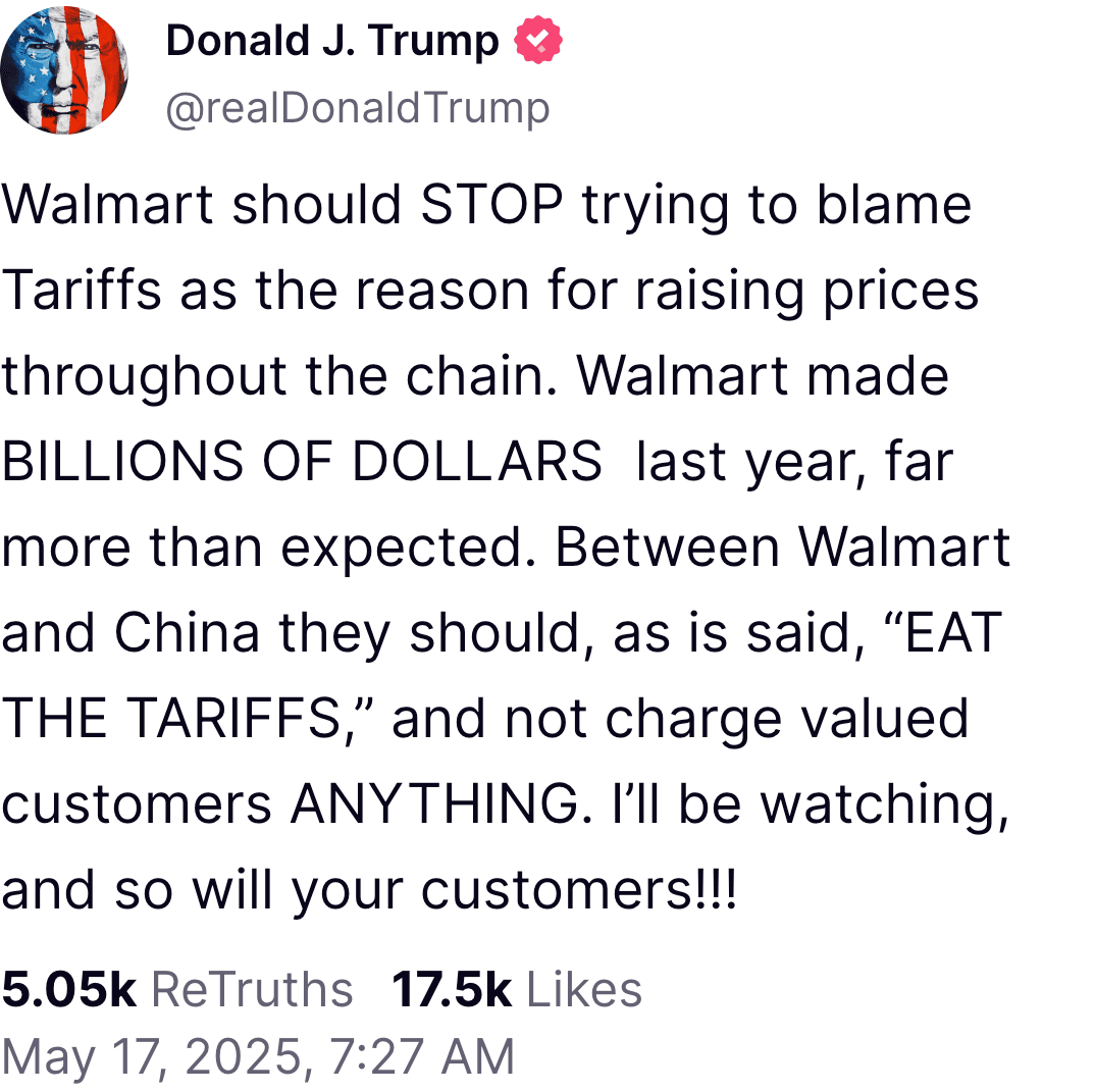 Trump Truth Social post telling Walmart to 'EAT THE TARIFFS'